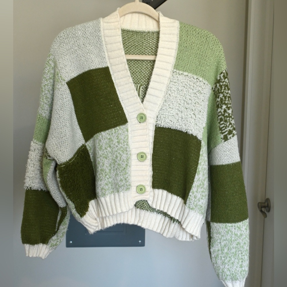 SHEIN Olive and Cream Patchwork Cardigan